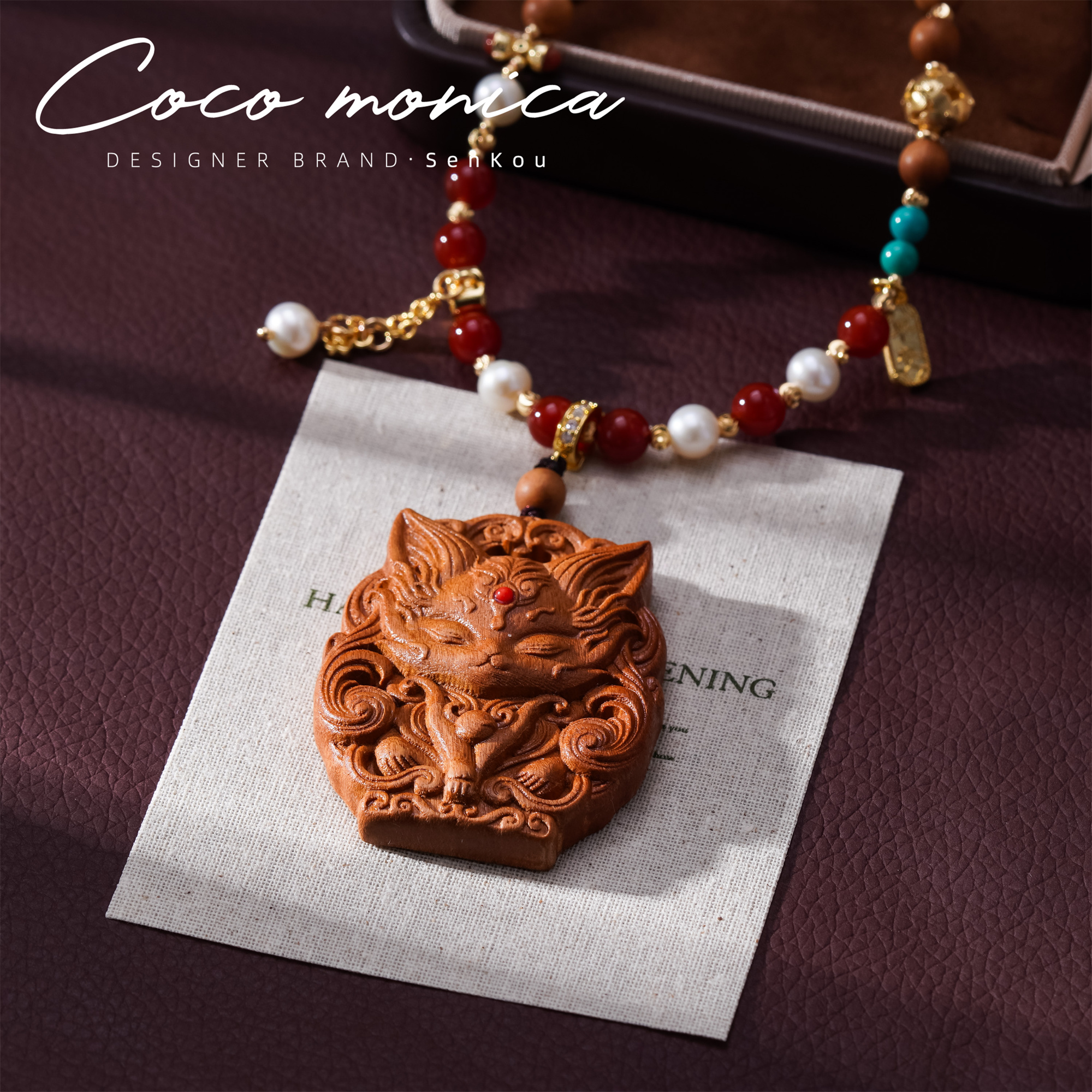 桃木崖柏凤九项链珍珠手工设计师雕刻九尾 AS525