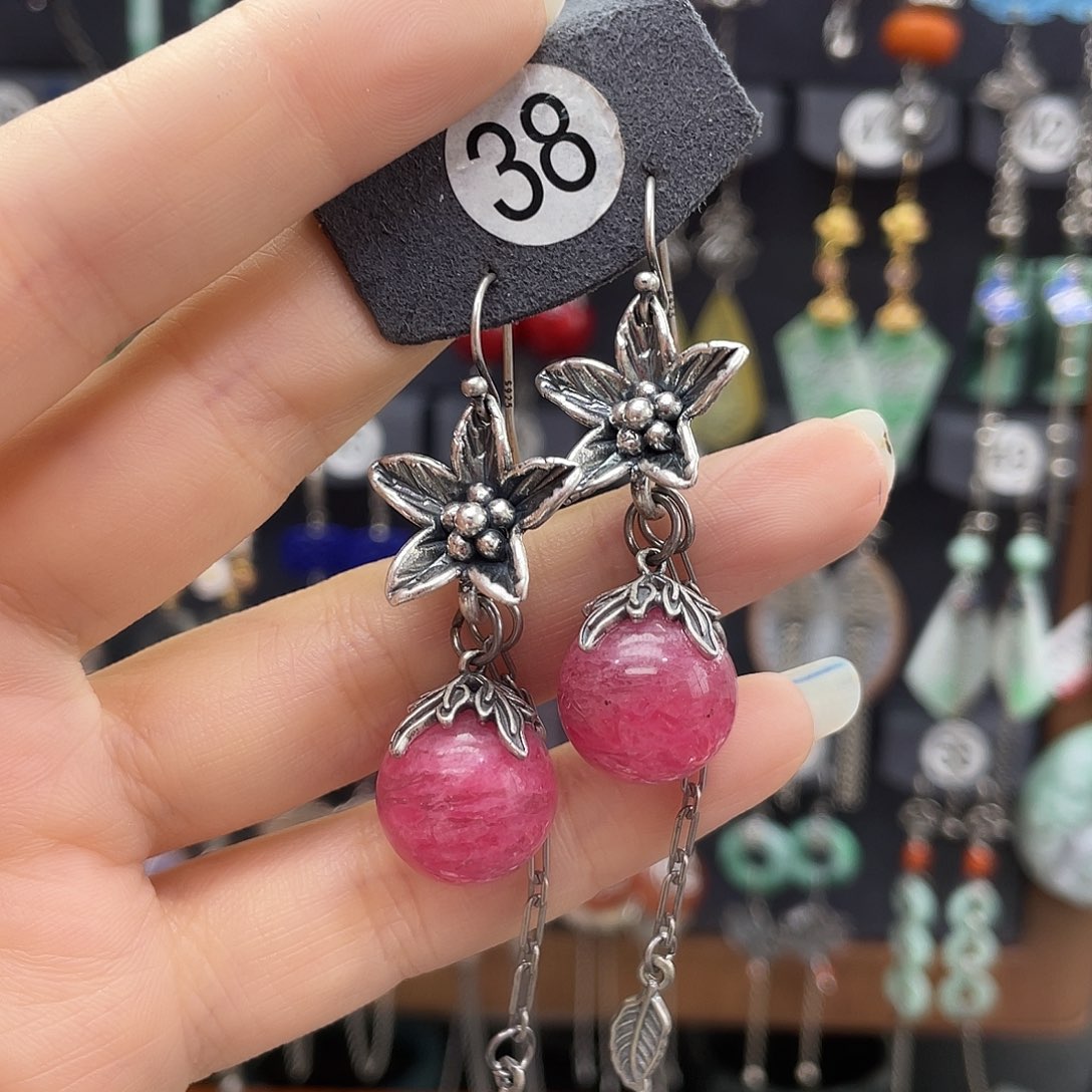 蔷薇辉石耳钉银S925镶嵌果*534ghnjhjj