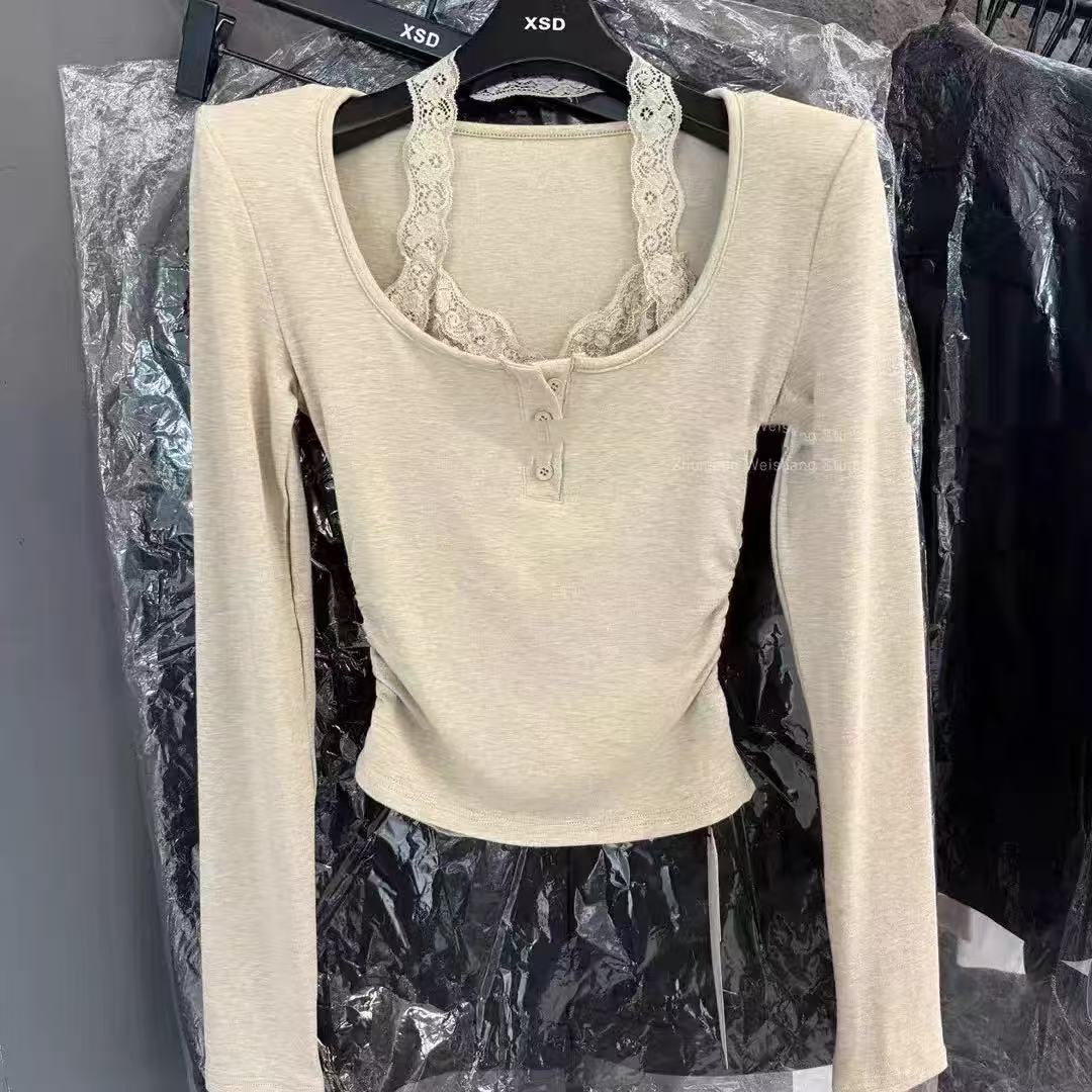 悠悠 设计感加绒小众挂脖蕾丝拼接长袖T恤假两件