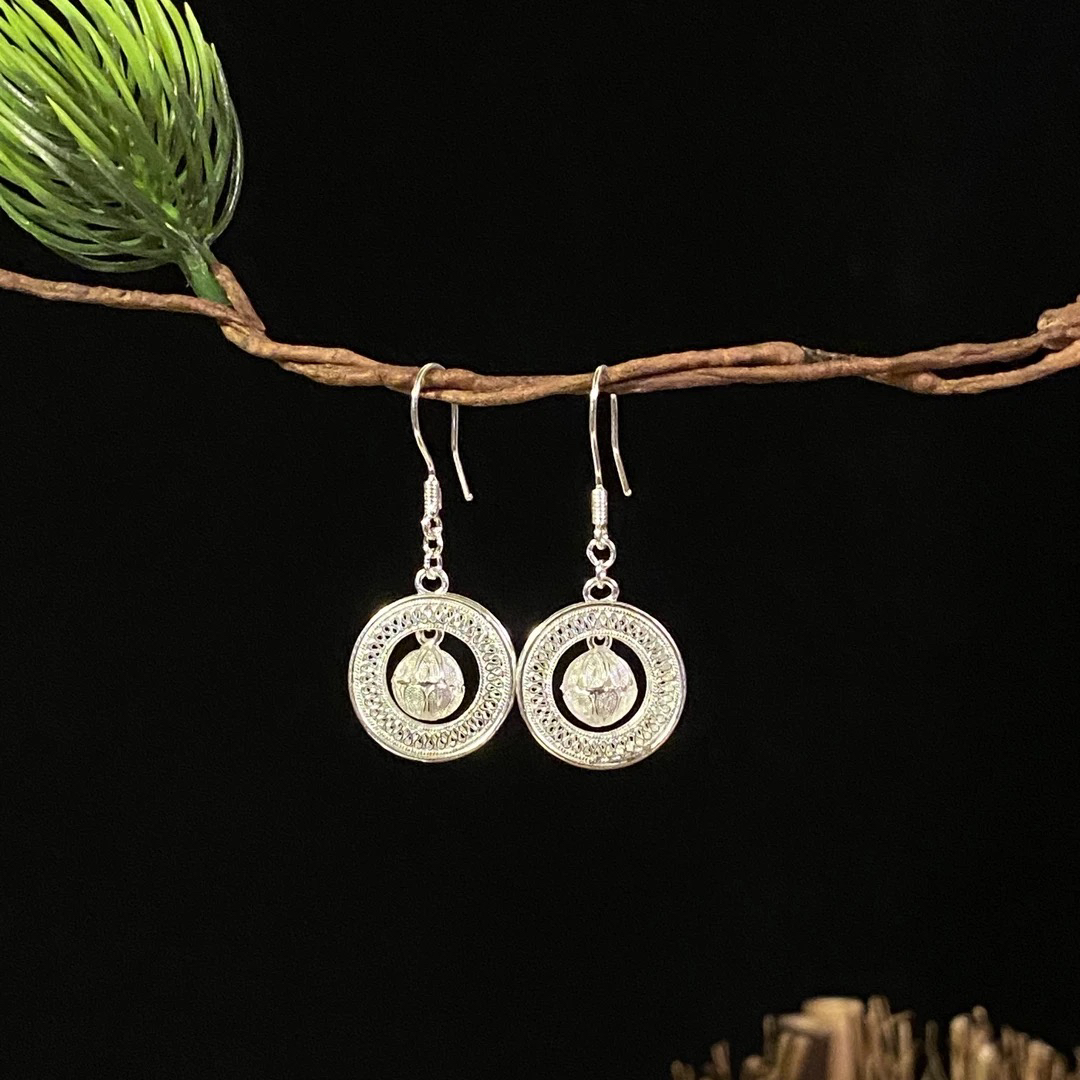 足银耳饰 【铜鼓绣球】花丝足银耳坠