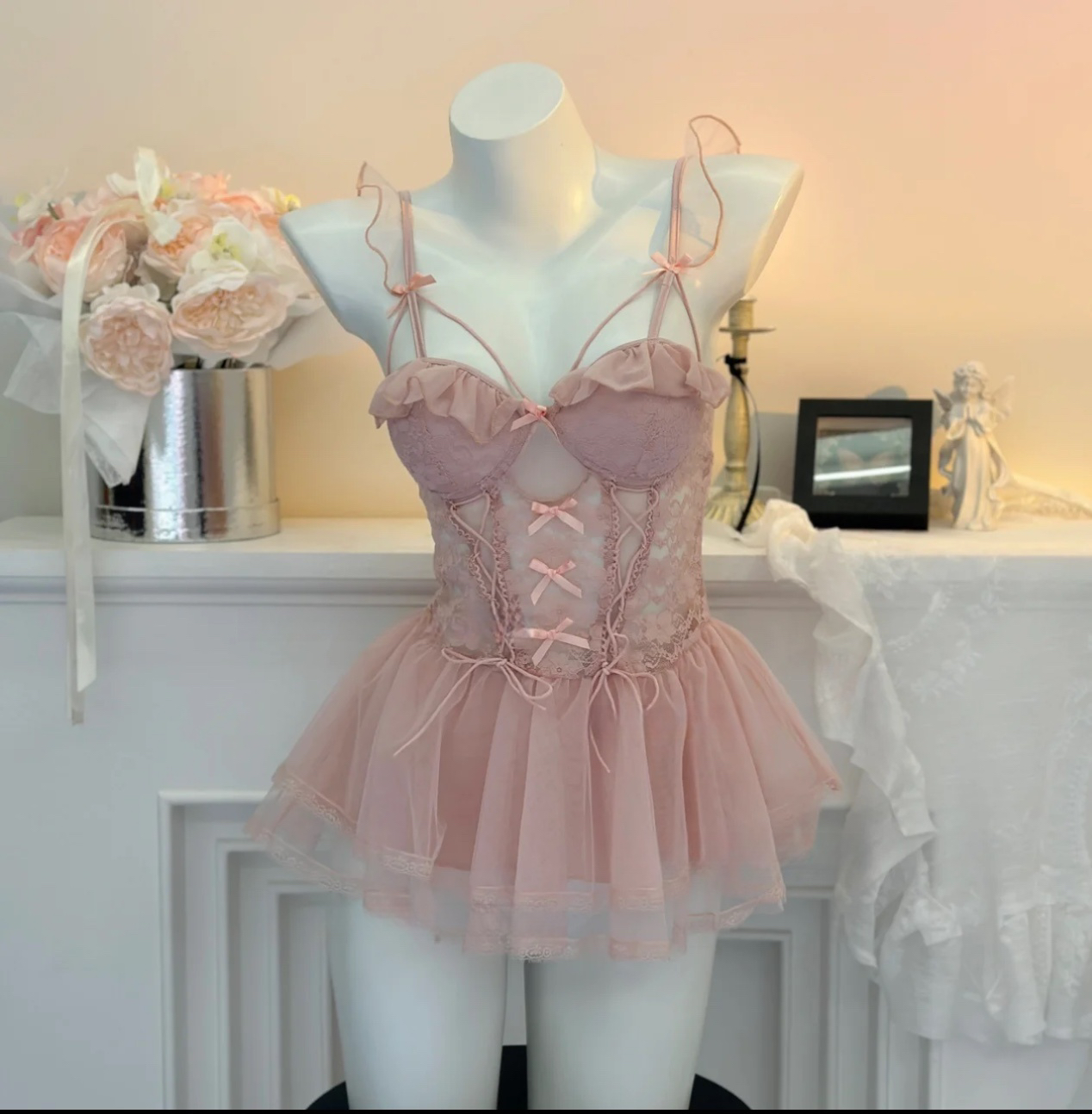 甜美可爱蕾丝蝴蝶结带垫带钢聚拢睡裙战衣！【伍月柒号！no退no换】