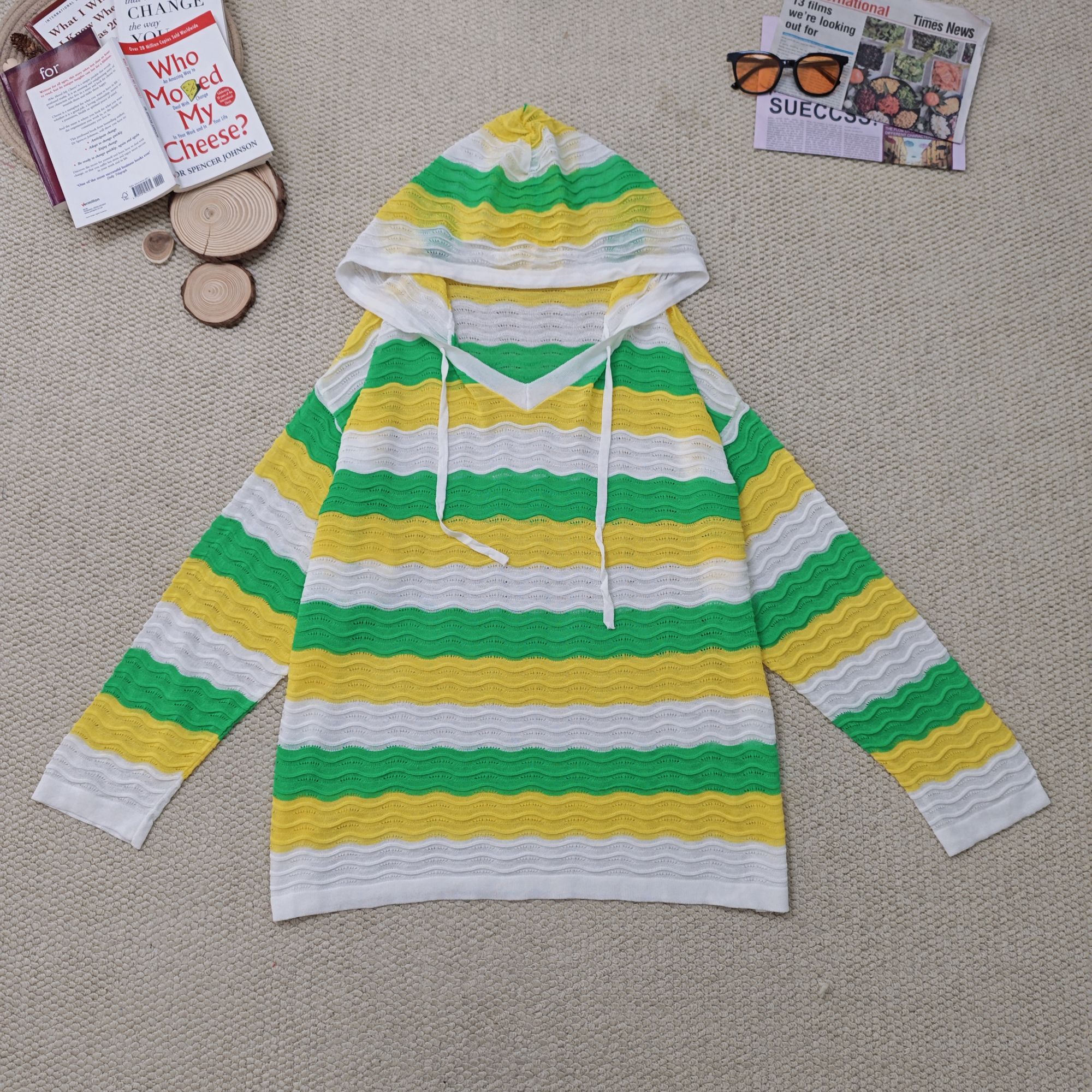 2025夏季新款时尚休闲镂空连帽条纹防晒针织长袖2532