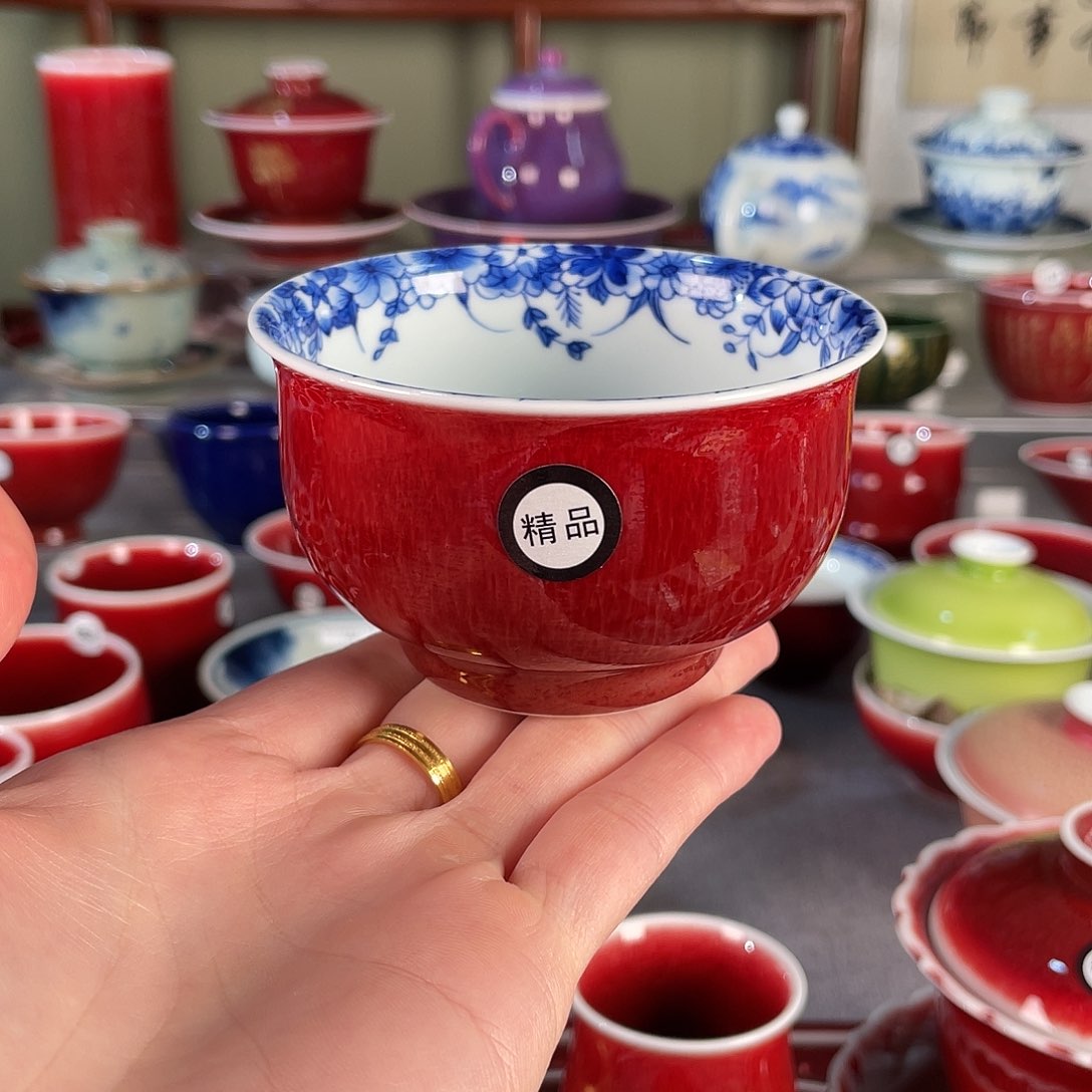 清欢雅玩原矿郎红精品内绘蝶恋花炉式杯