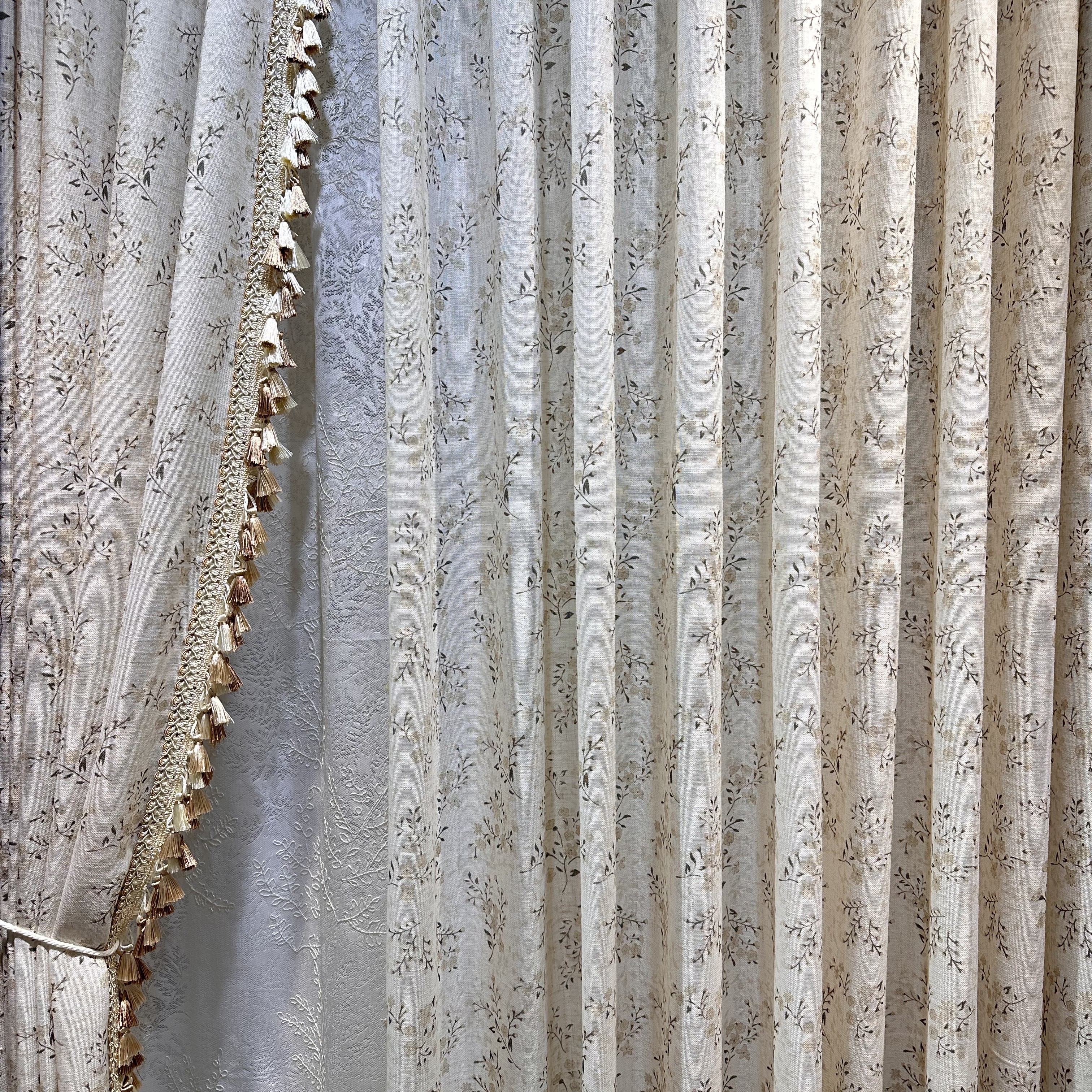 米色小碎花5D数码印花麻料纱帘美系田园风格透光不透人