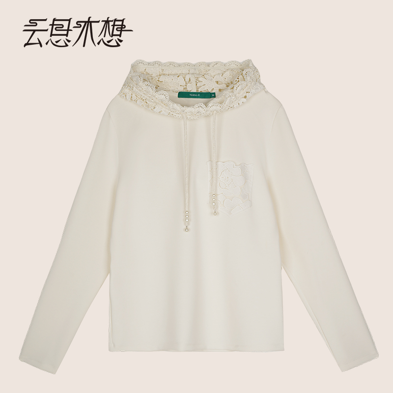 Ysimo-X云思木想 梦月诗花 水溶蕾丝拼接针织优雅连帽卫衣12836