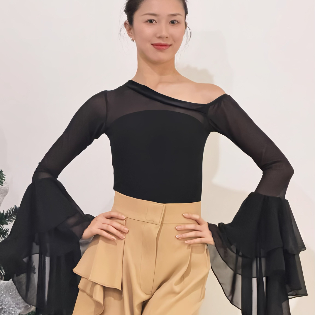 DM DANCEWEAR 高级定制 ｜暗夜天使 |女性一字肩网纱透气摩登舞服