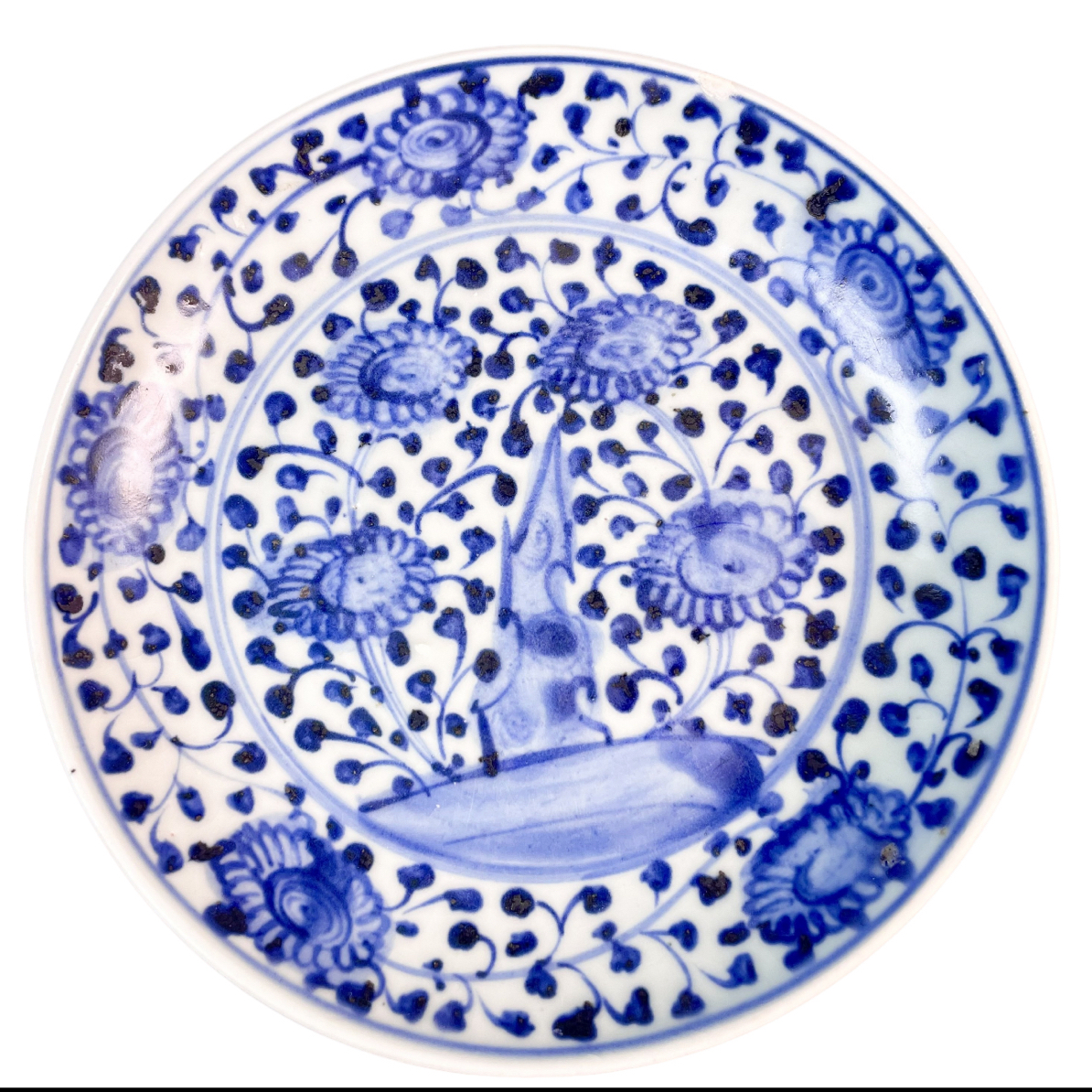 【022031135】明代 洞石花卉盘（瓷器三）