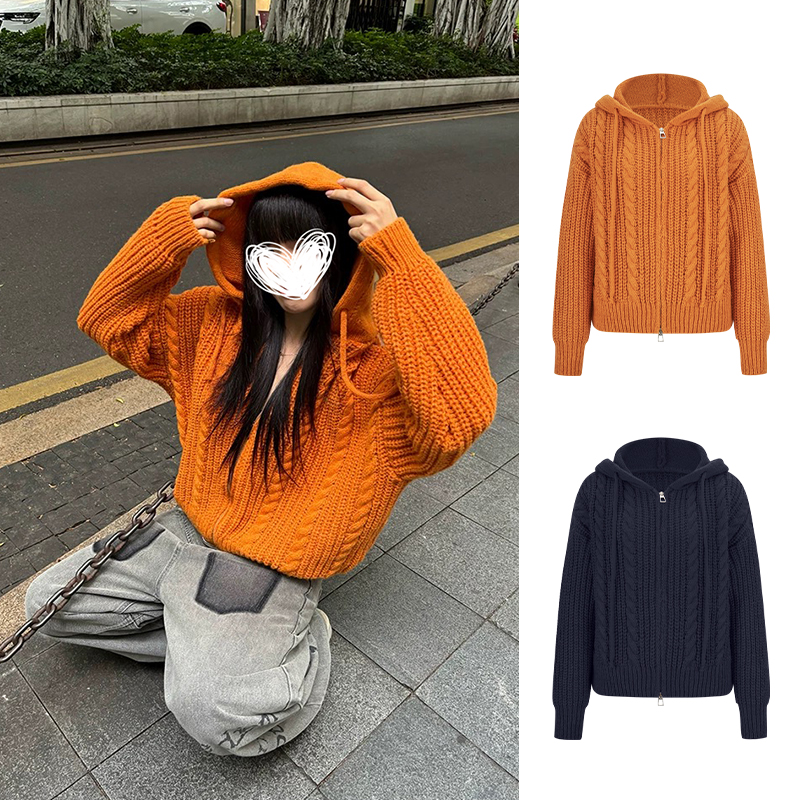 MosesQueen/魔西女王美式慵懒风麻花连帽针织外套百搭宽松大毛衣