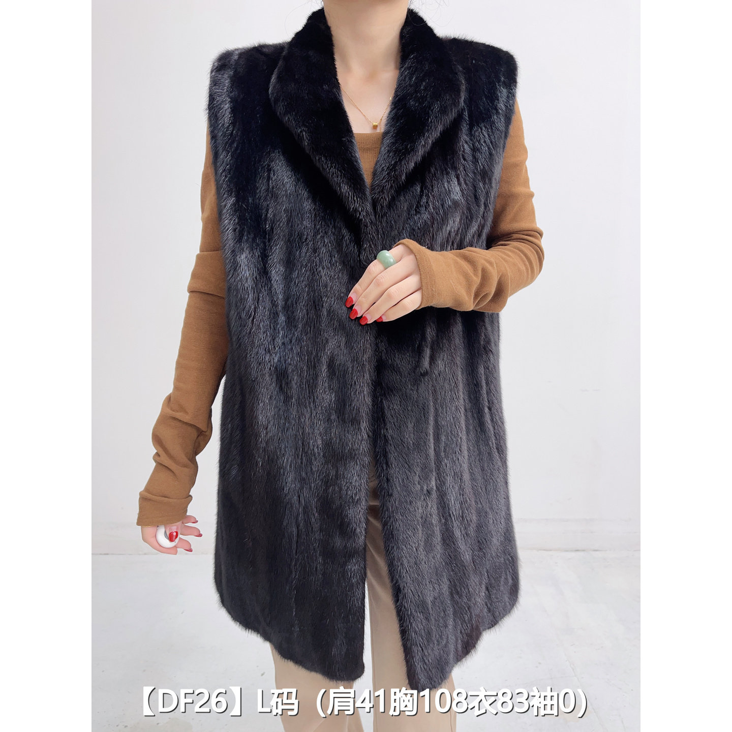 【DF26】L 本黑色中长款全抽貂皮大衣外套女 翻领马甲 52026
