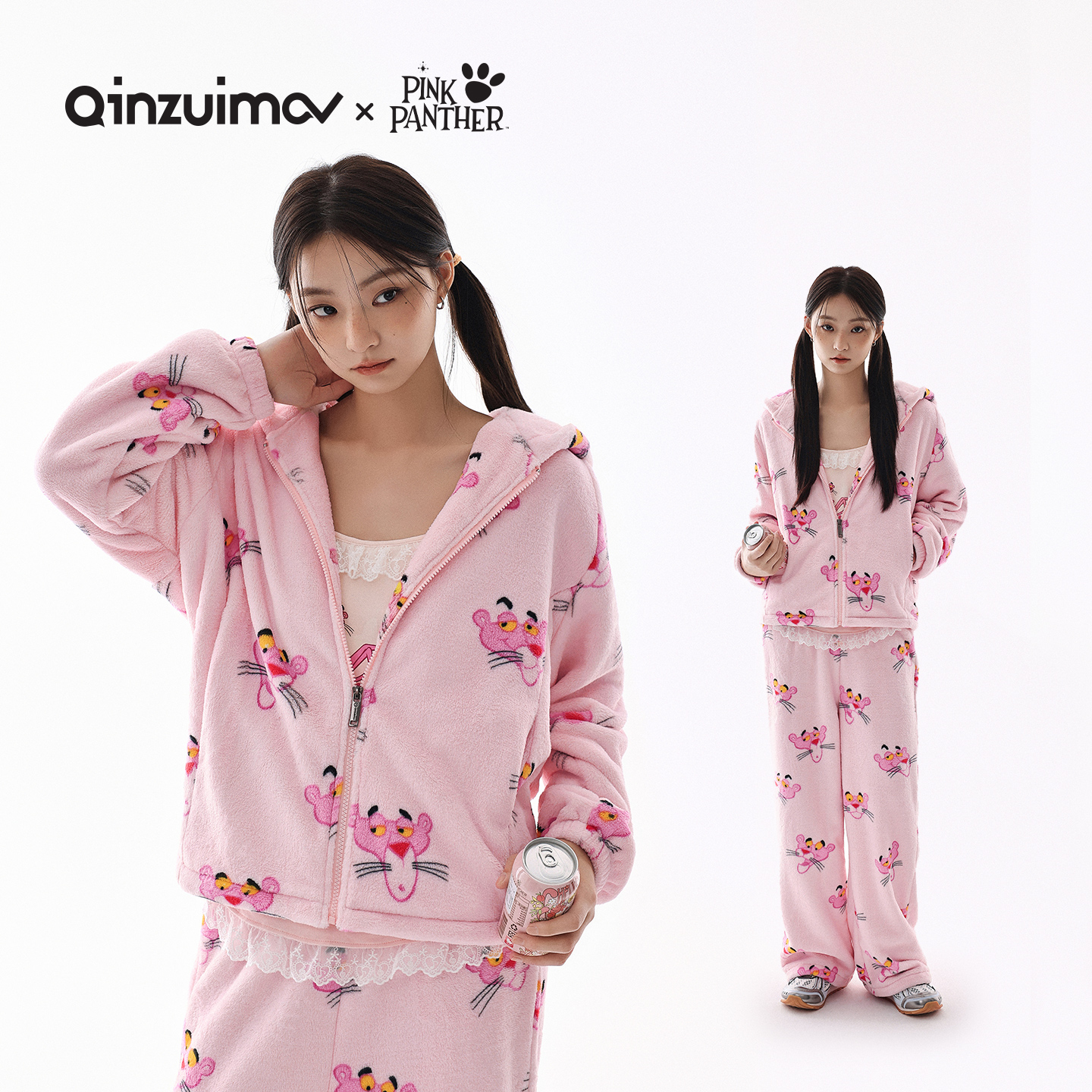 亲嘴猫【粉红豹】法兰绒睡衣女秋冬季加厚保暖家居服套装可外穿连帽