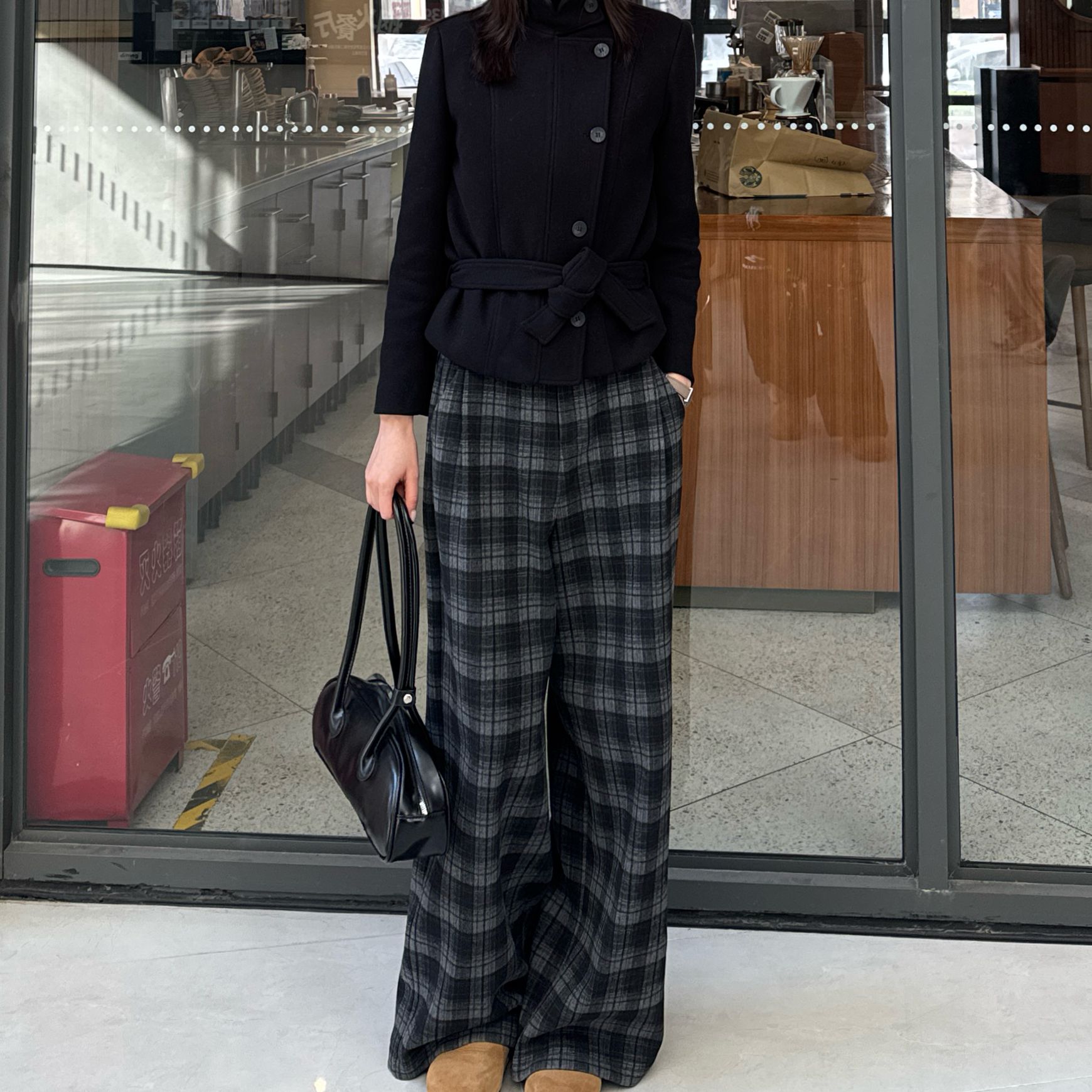 OuYing欧莹加绒加厚格子裤直筒休闲百搭复古冬季必备韩版显瘦