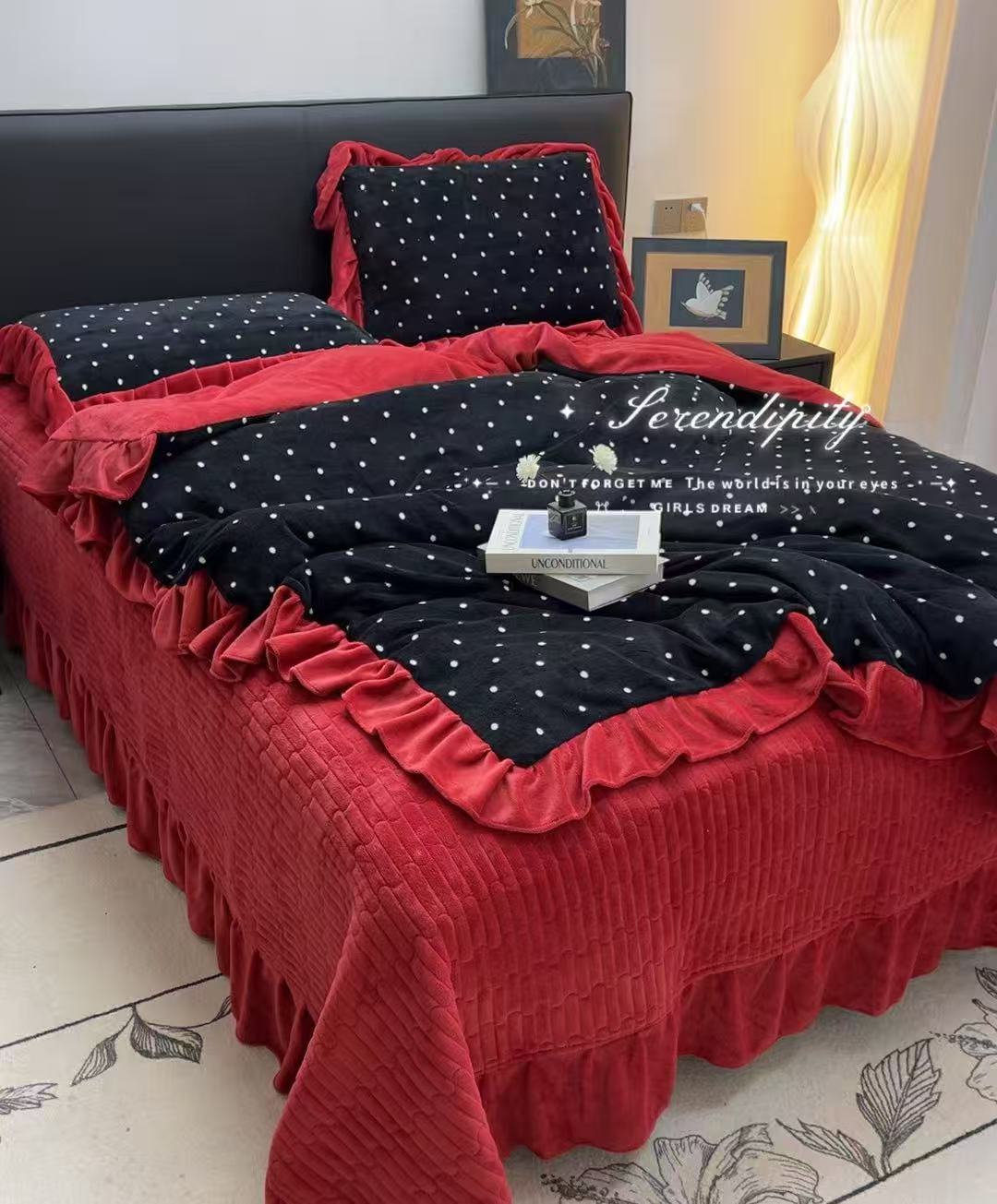 新款韩版公主风牛奶绒床盖四件套加密加厚牛奶绒双面绒防滑床盖