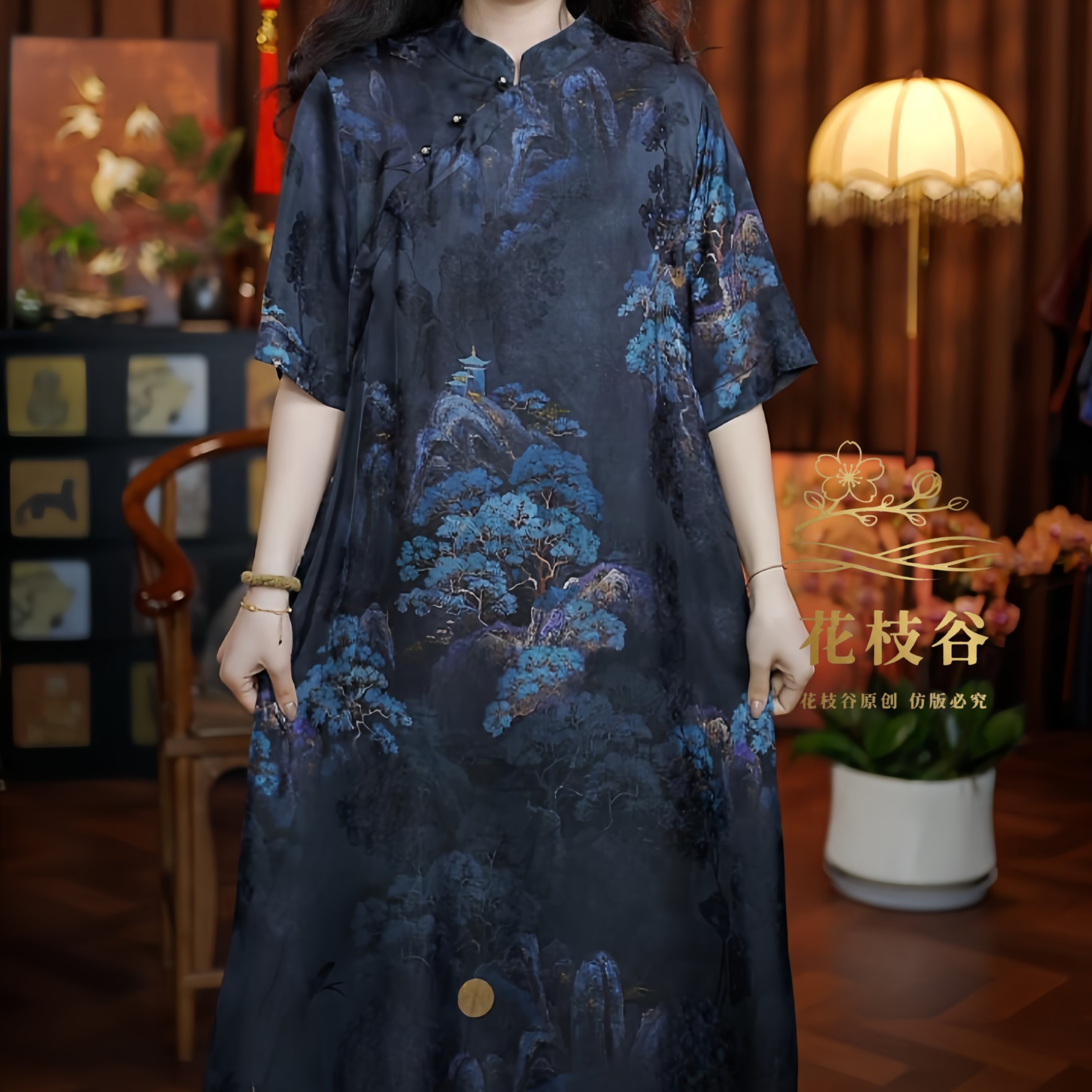 梦回千年（藏青蓝）2026短袖新款立领提花老绣旗袍连衣裙