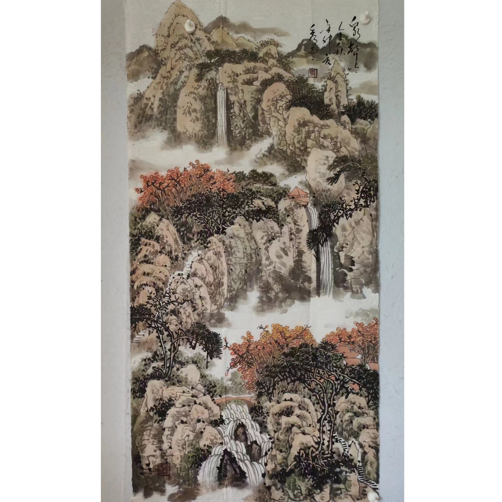 3180  多年前纯手绘老字画《泉声金秋》中堂  尺寸 137×68