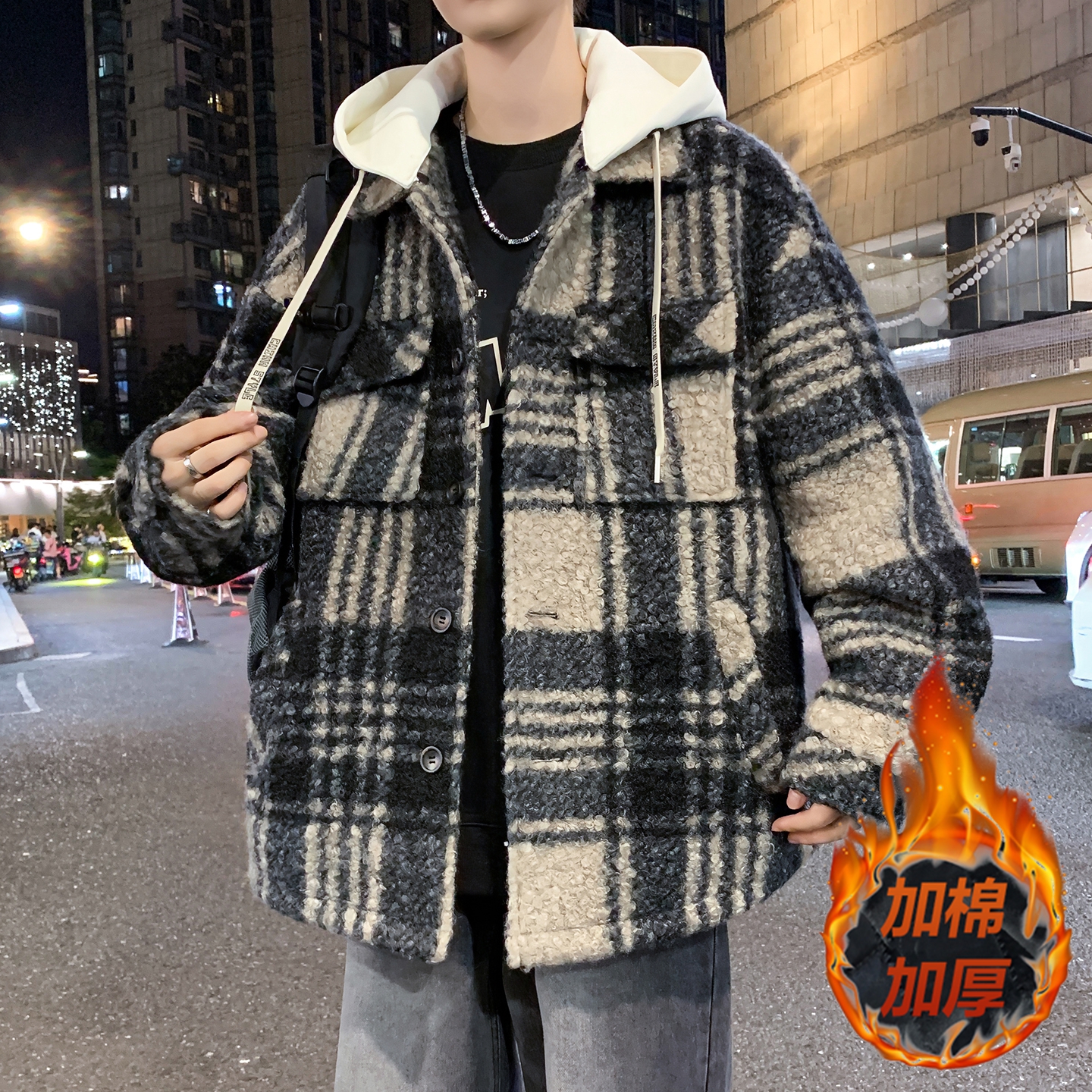 冬季重磅新款青少年加棉加厚颗粒绒可脱卸帽外套个性港风男生夹克