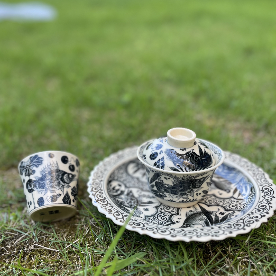 景德镇陶瓷幽蓝溪堂仿元青花二号釉老料鱼藻纹三件套茶具家用
