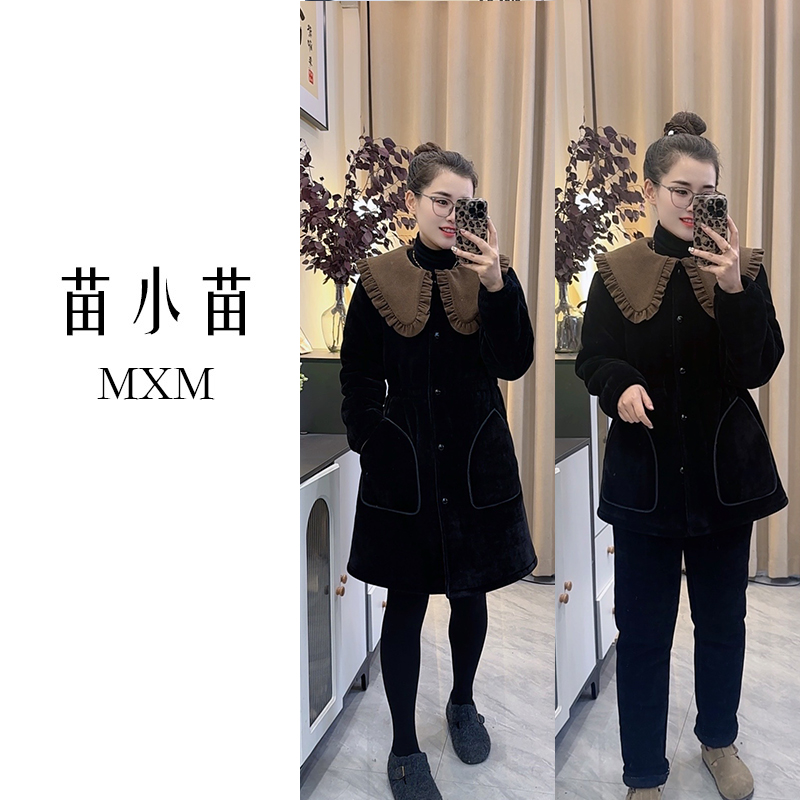 苗小苗咖色领套装睡衣女长袍气质冬季三层加厚加绒可外穿家居服