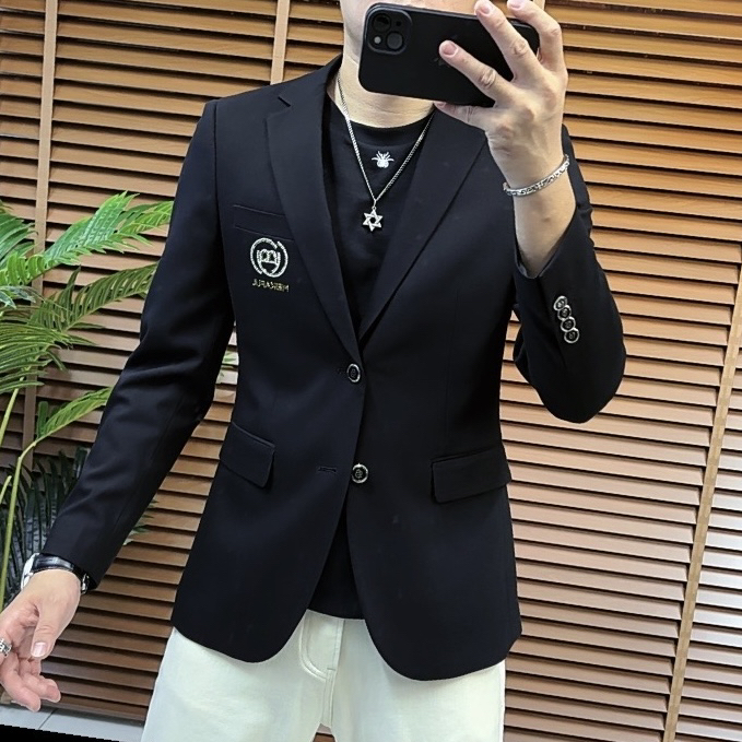 西服上装平驳领黑色长款修身型男士潮流英伦时尚标准