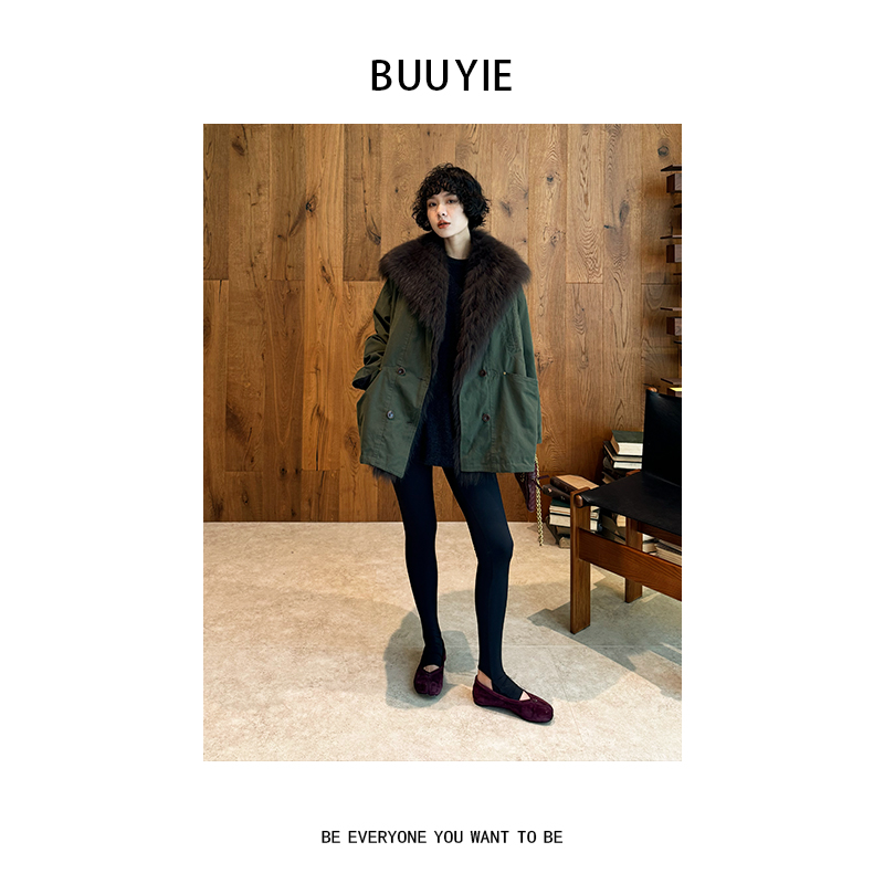 BUUYIE【烬野】大狐狸毛领外套女新款冬季保暖宽松派克服251088