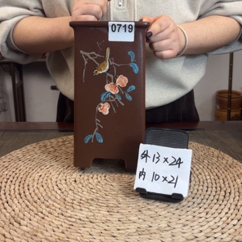 紫砂花盆紫泥手绘事事如意梯形签筒0719