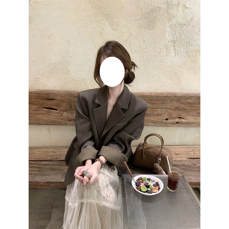 MARIE.COCO韩系复古廓形设计感撞色毛边西装外套女仙气飘飘半身裙