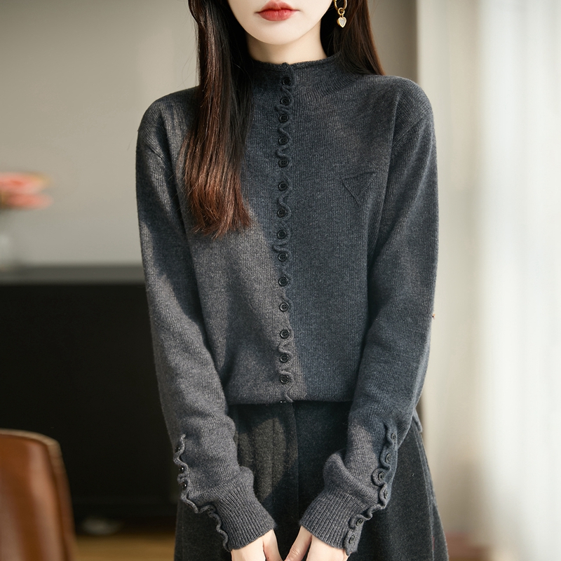 鄂尔斯市纯100羊毛衫女秋冬新款半高领多纽扣纯色毛衣羊绒打底衫
