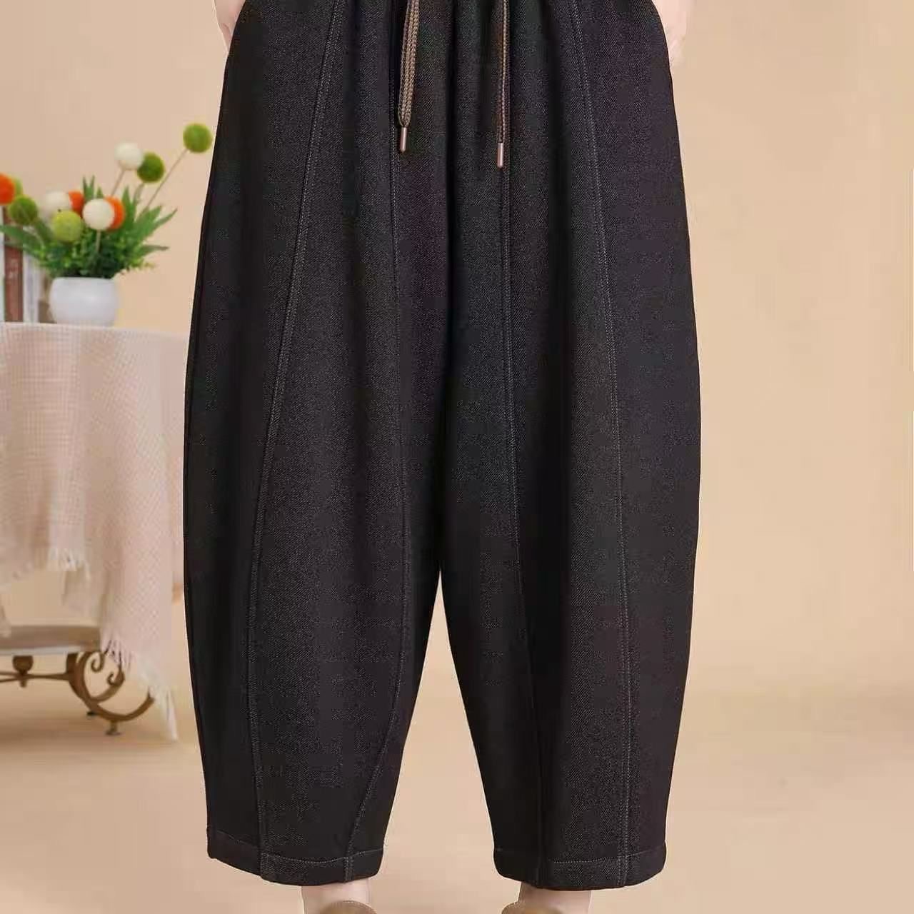 【漫步】拼接休闲风厚款冬季高腰休闲裤灯笼裤时尚松紧腰长裤