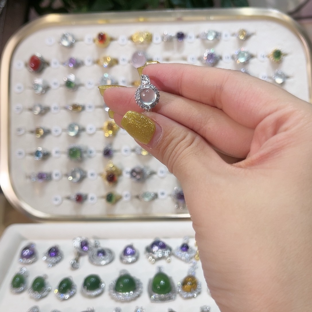 蛇纹石玉戒指银S925镶嵌6*