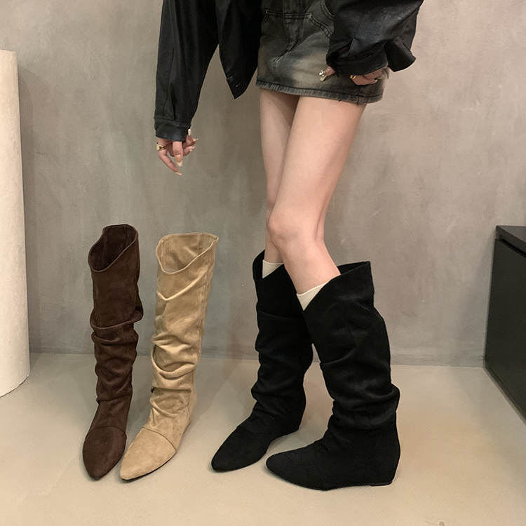 小个子内增高不过膝靴子堆堆靴女靴早秋复古绒面卡其色长靴西部靴