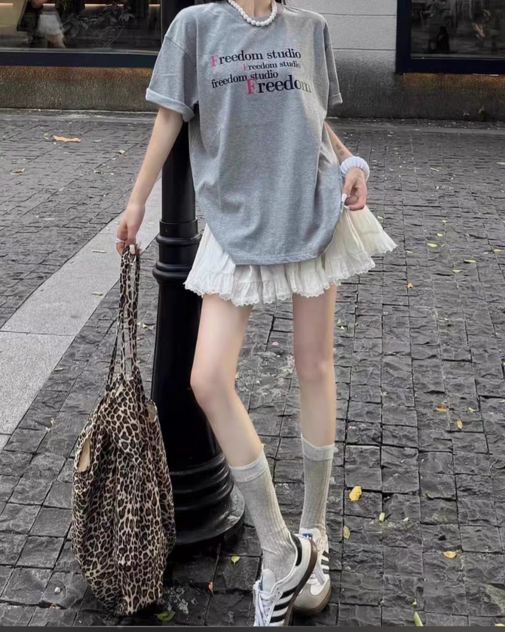 印花宽松型短袖字母甜美风T恤学生学院风显瘦宅萌系