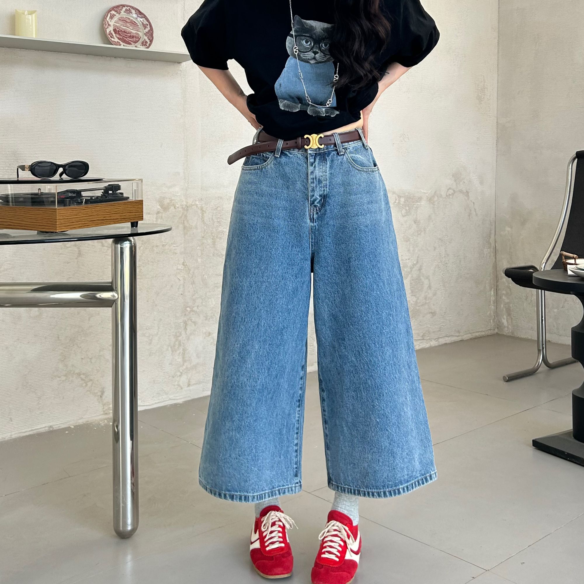 春上新！韩版复古百搭八分阔腿牛仔裤高腰显瘦宽松