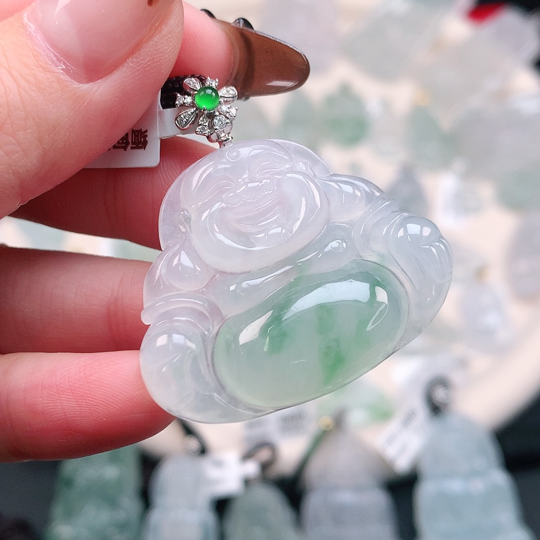 翡翠颈饰18K金镶嵌飘花佛38.5、30、37、6.3