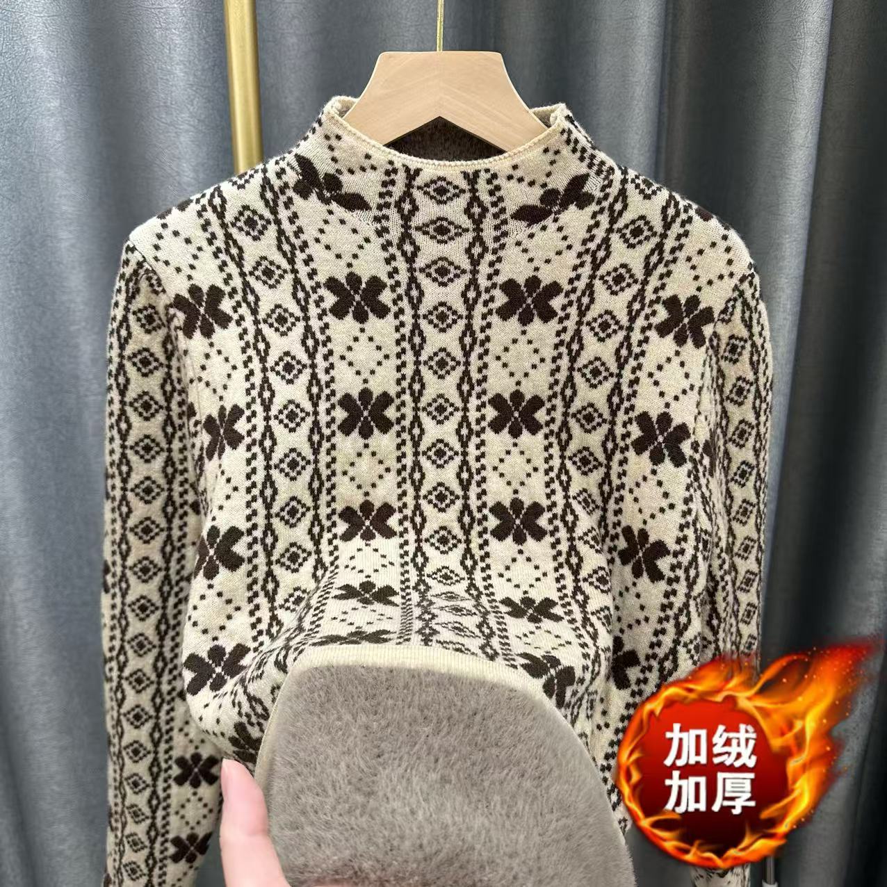 【加绒加厚】半高领雪花飘飘竖条纹2024秋冬新款针织套头毛衣打底衫