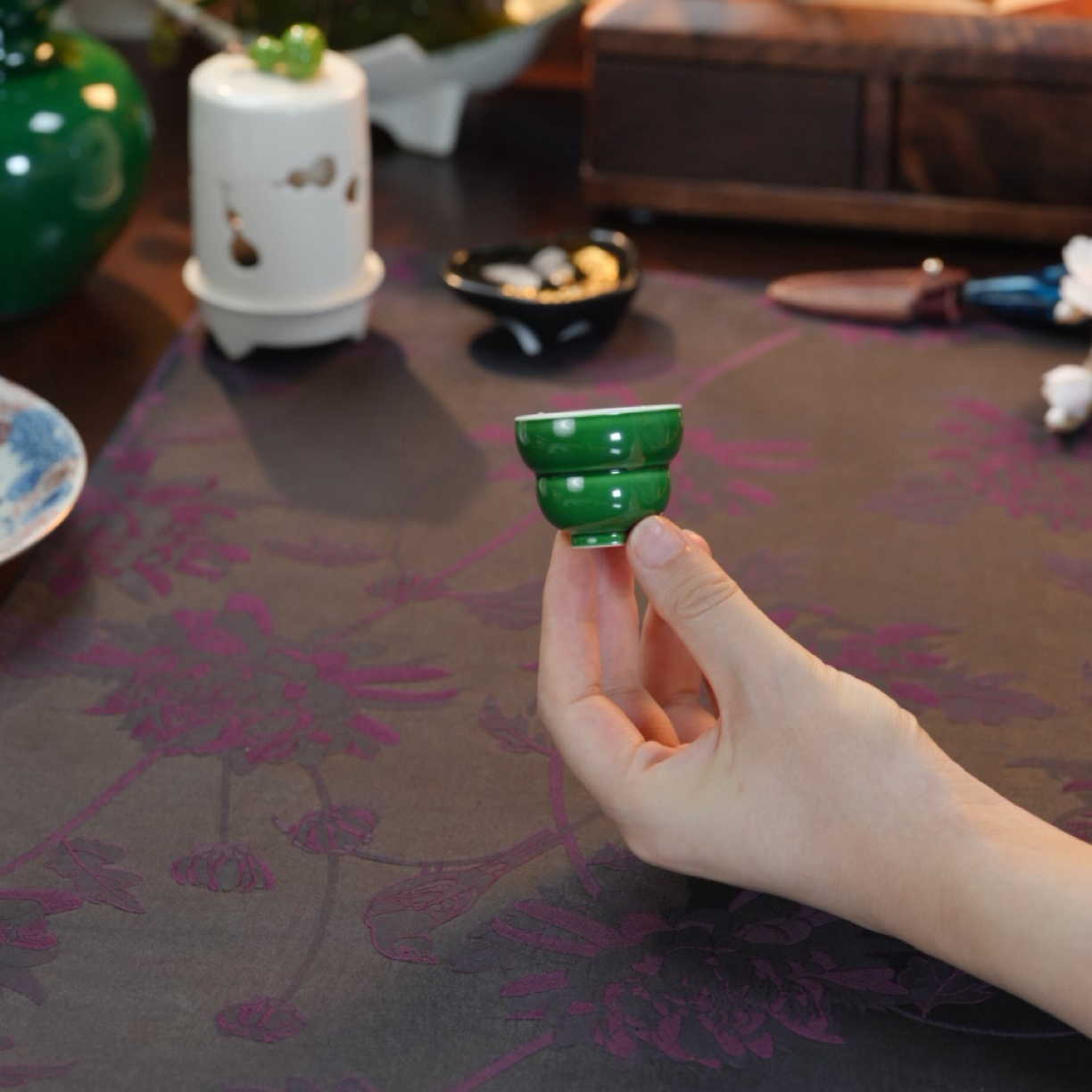 瓷唐里——帝王翡翠绿釉迷你葫芦杯手工020