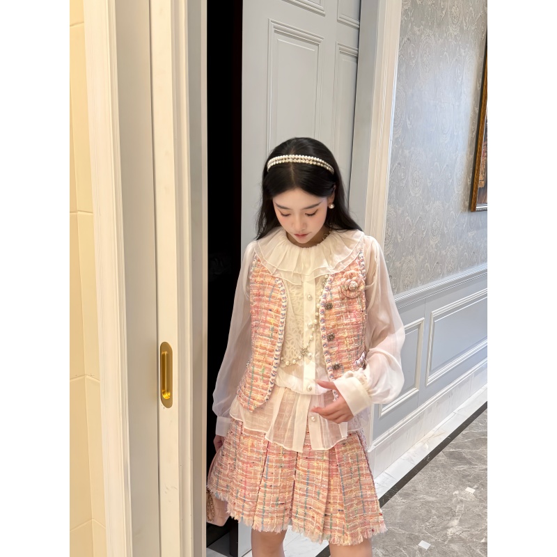 徐开开 粉温柔千金新款法式优雅小香马甲+百褶裙套装(包含山茶花)