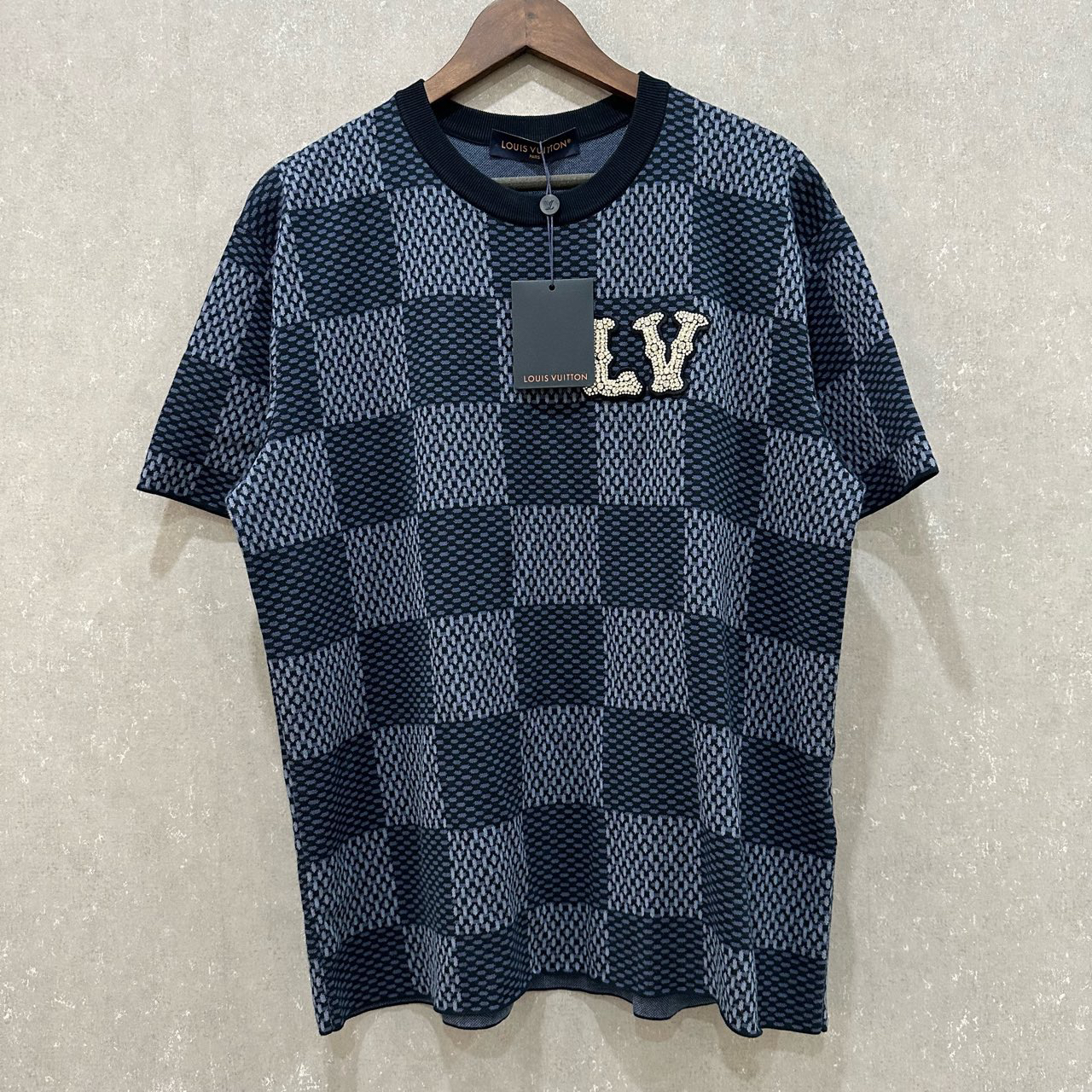 全新未使用 LouisVuitton/路易威登 蓝色字母棋盘格短袖 L码 4169