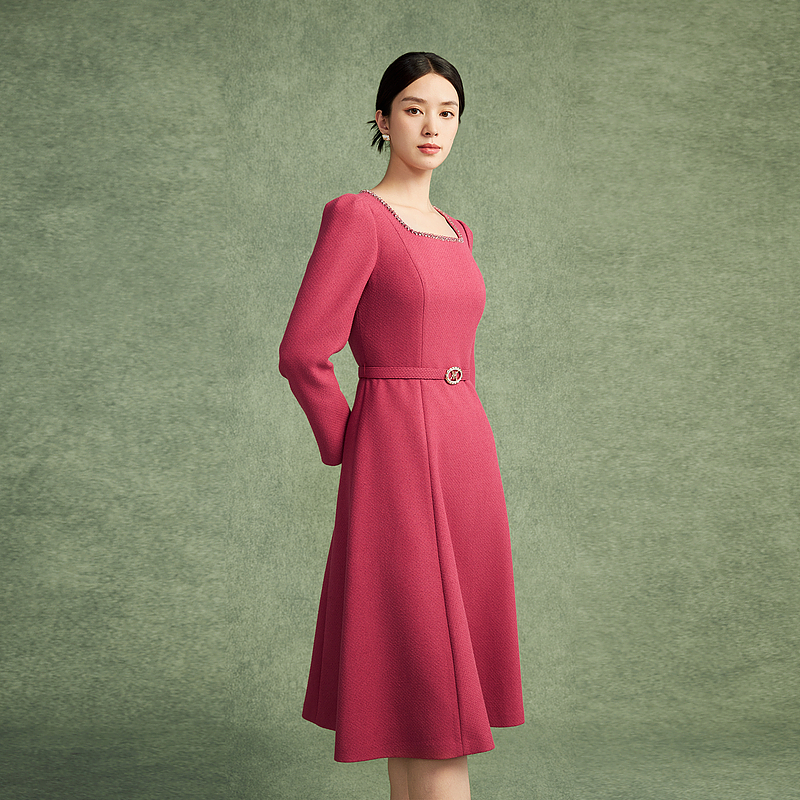 红薄呢赫本裙2024年秋冬新款优雅连衣裙-MJFD04WOP328P81