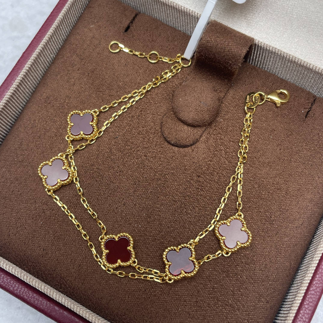 【美奢好物】足金999四叶草红手链双层镶嵌