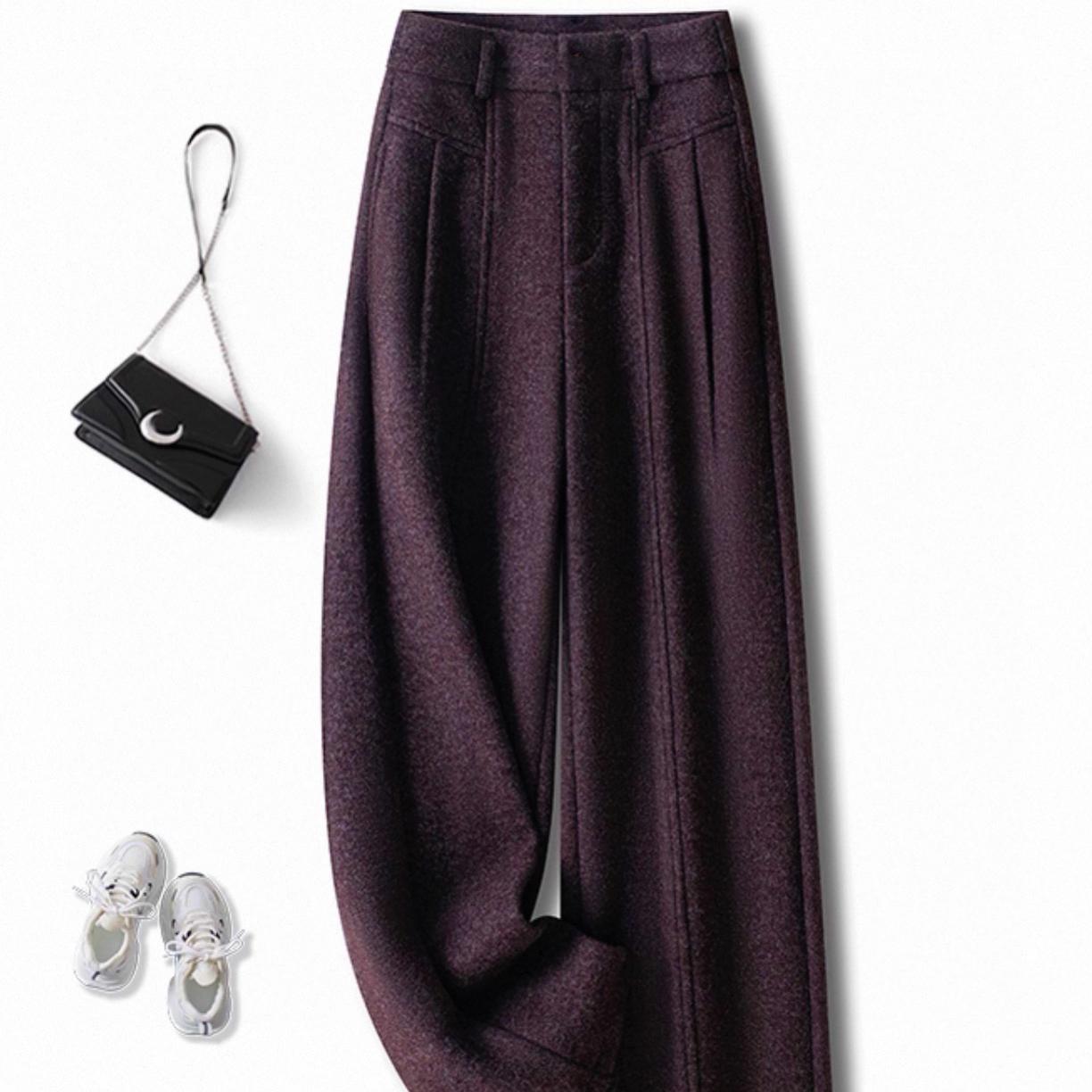 葡萄紫秋冬季新款女士高腰显瘦时尚百搭毛呢阔腿裤P1