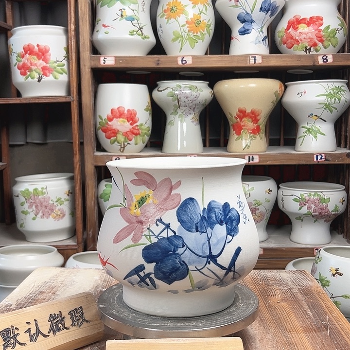 摆件高20口20青花荷花新款陶瓷