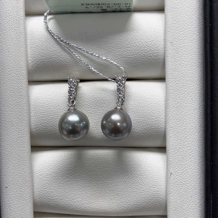 银S925镶嵌耳饰海水珍珠大溪地 9-10mm 82号