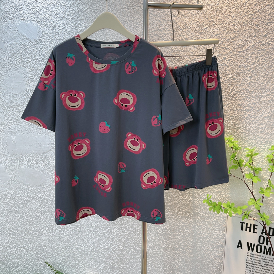 夏季薄款短袖短裤睡衣套装女大码卡通圆领家居服宽松棉质200斤新
