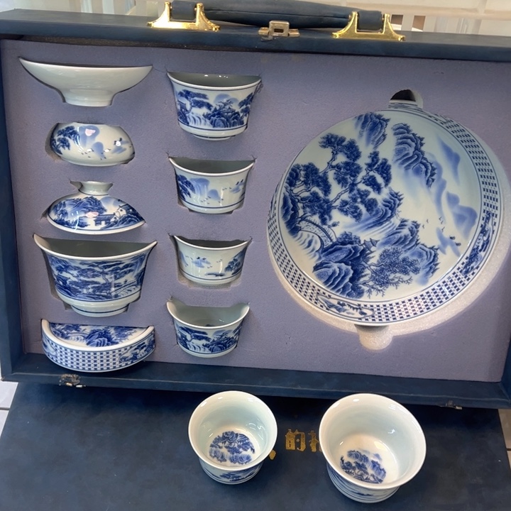 瓷片白青花山水十件套全品