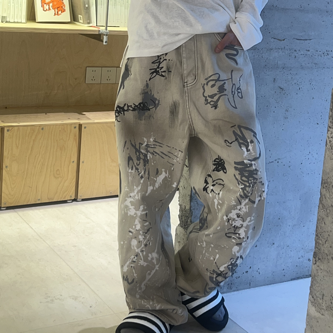seven7studios手绘涂鸦baggy做旧宽松长裤直筒水洗牛仔裤