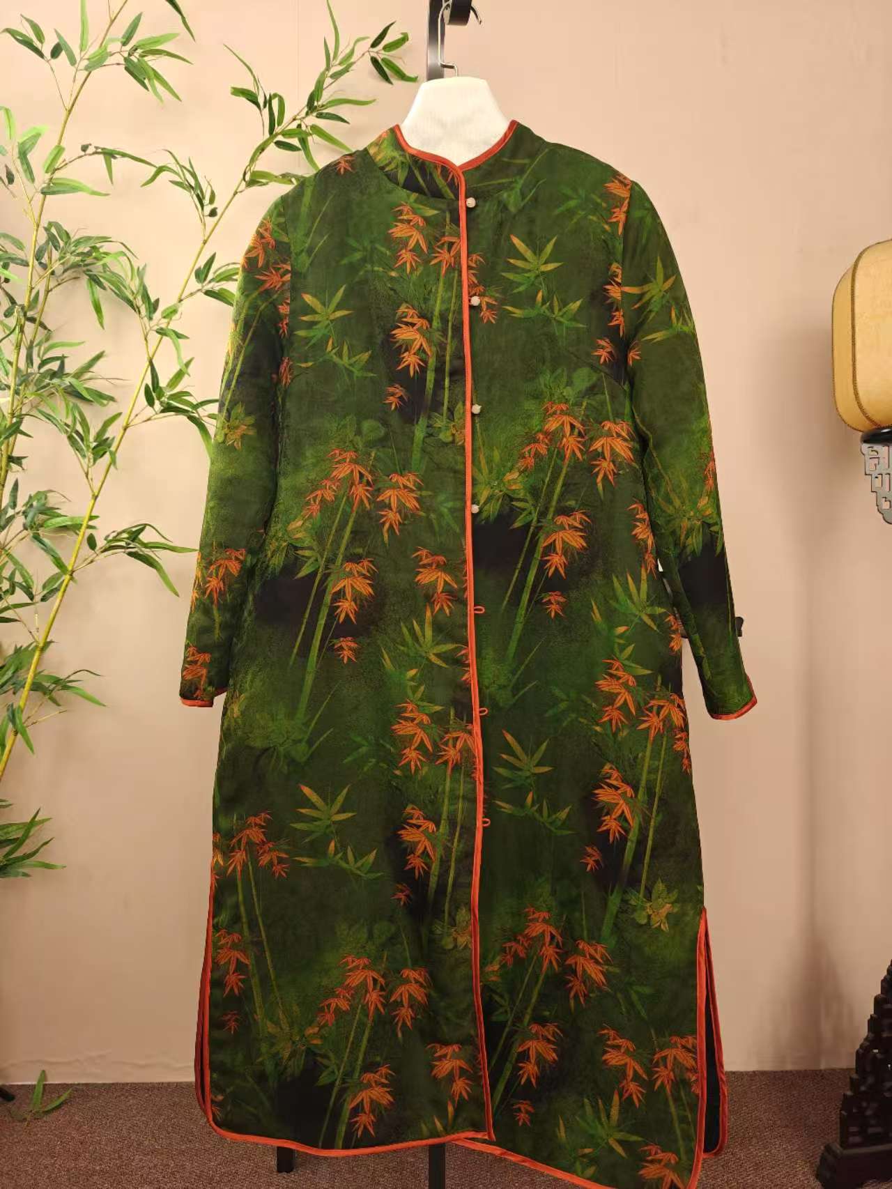 新款棉服女装长款外套绿色新中式