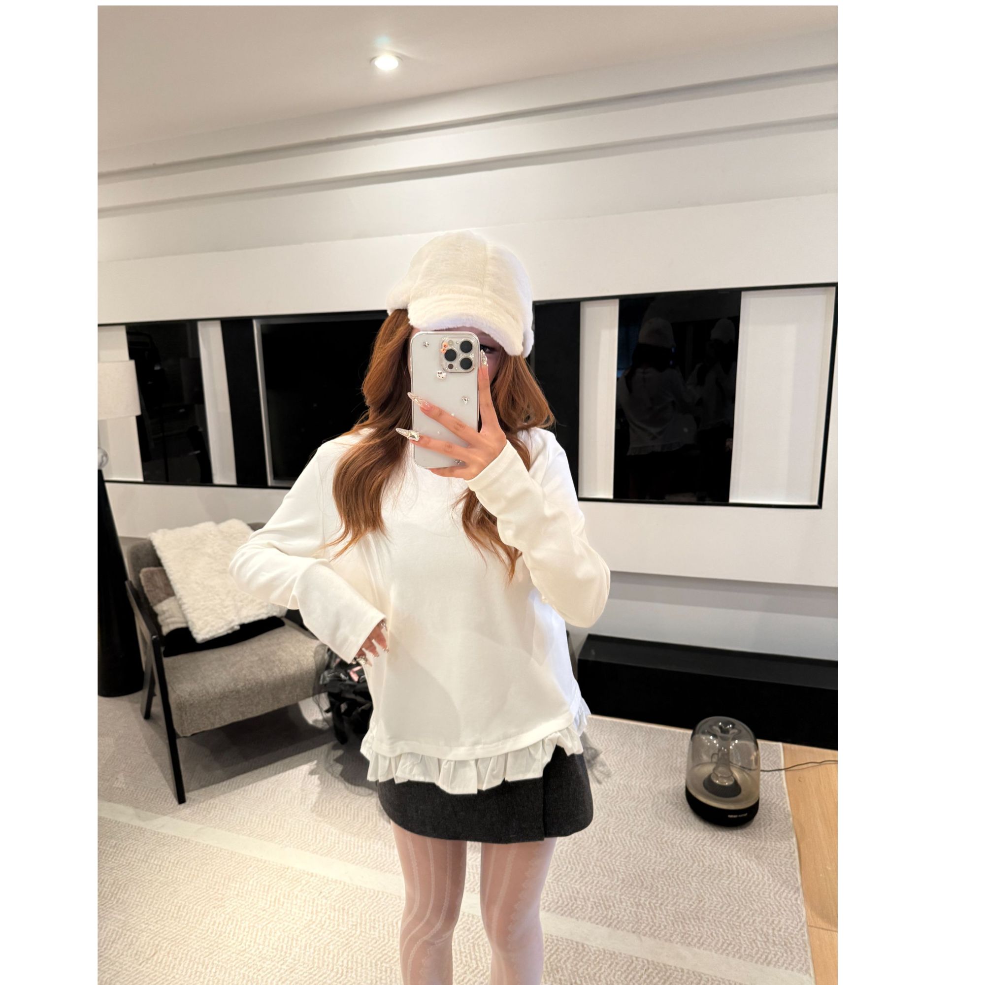  自制花边打底衫白色内搭上衣叠穿女t恤拼接下摆长袖