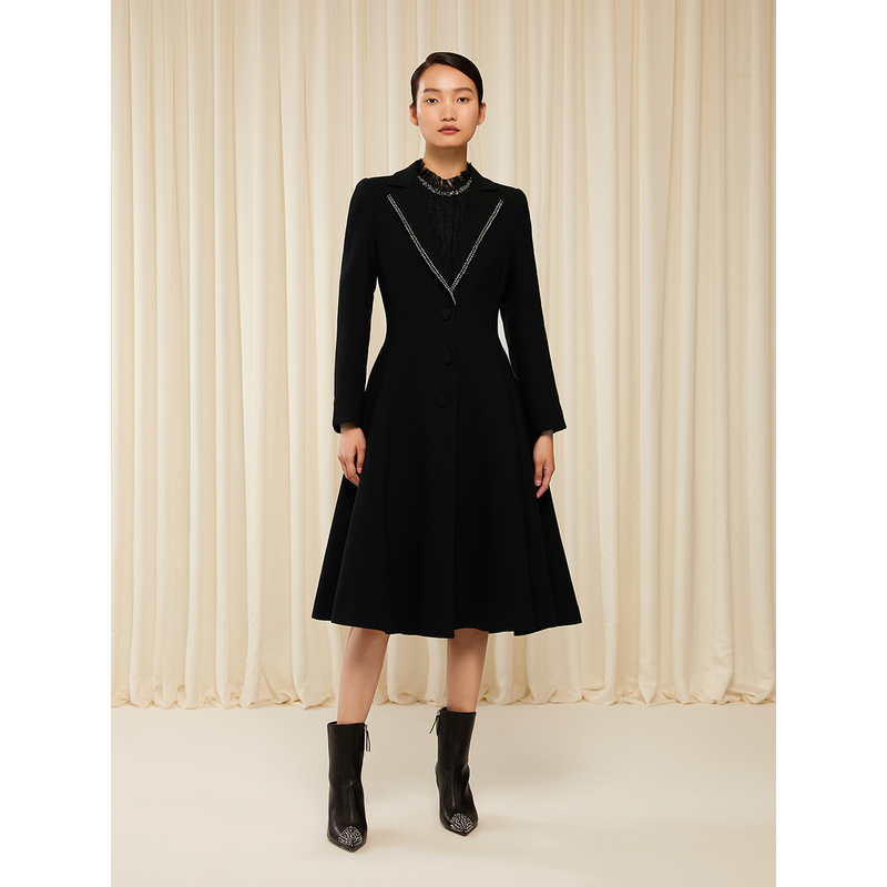 Song of Song歌中歌秋黑色双排水钻西装领羊毛大衣5C33380070