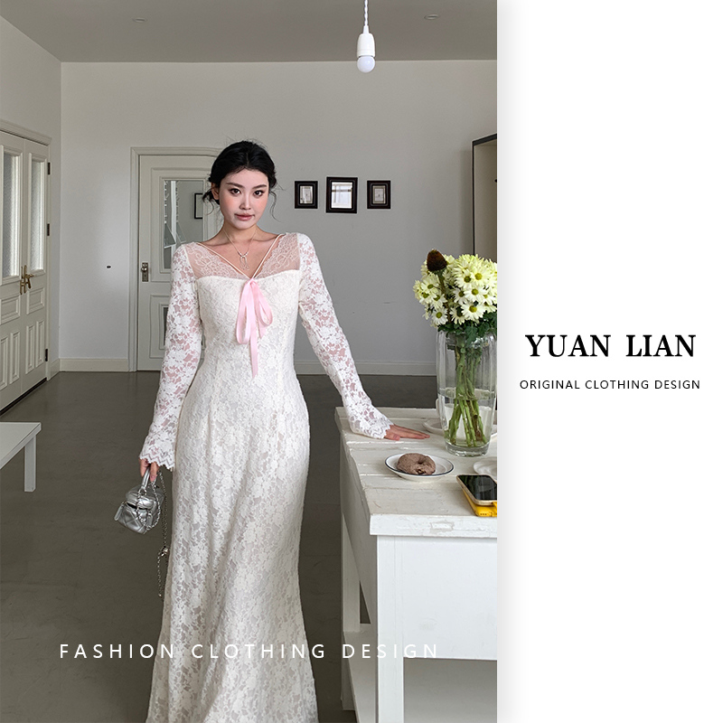 ZOZ糕冷圆脸[美纪子]纯欲性感毛绒蕾丝v领收腰显瘦秋冬鱼尾连衣裙