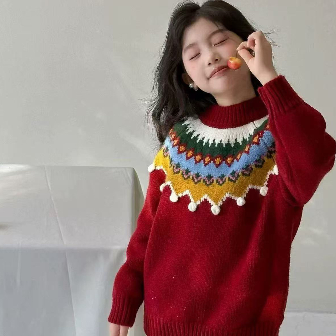 女童红色费尔岛圣诞加厚保暖圆领套头针织衫秋冬复古洋气毛衣