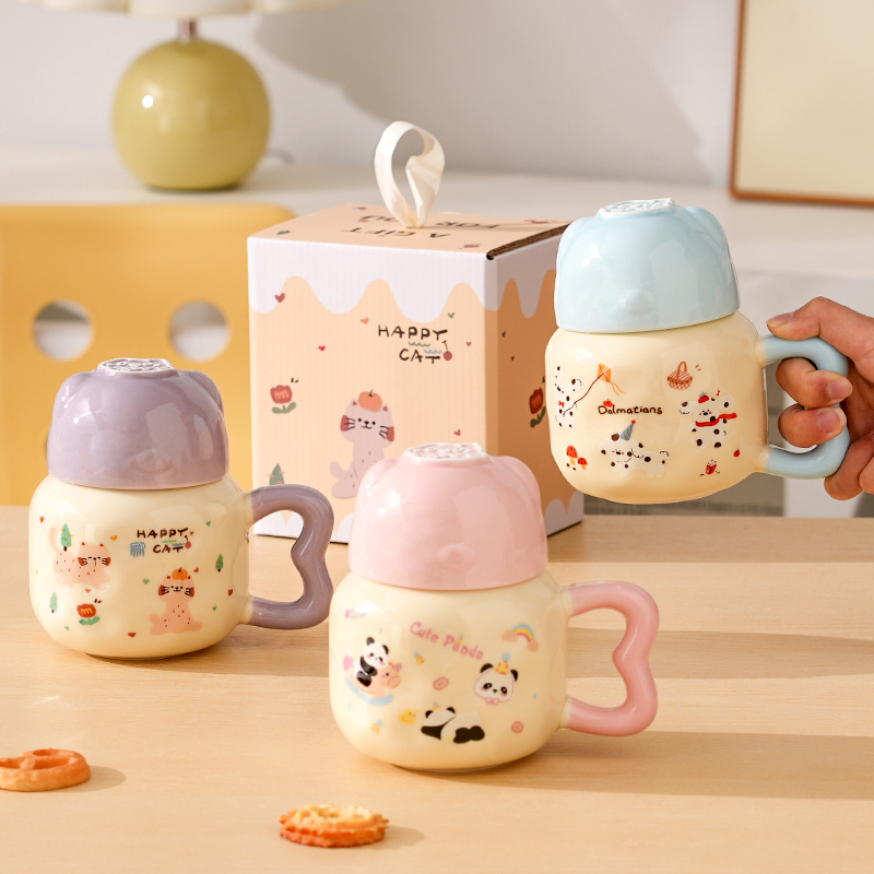 高颜值陶瓷杯带盖马克杯卡通手柄款家用办公室学生杯情侣杯釉下彩